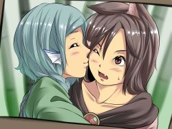 Rule 34 | 2girls, animal ears, blue hair, brooch, brown hair, closed eyes, dress, fang, fins, head fins, heart, highres, imaizumi kagerou, japanese clothes, jewelry, kimono, kiss, kissing cheek, long hair, mermaid, monster girl, multiple girls, one eye closed, open mouth, red eyes, shika miso, short hair, smile, striped, striped background, touhou, wakasagihime, wolf ears, yuri