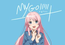 Rule 34 | 1girl, absurdres, bang dream!, bang dream! it&#039;s mygo!!!!!, blue background, blue eyes, blue shirt, blush, chihaya anon, commentary, earrings, frills, group name, highres, jewelry, long hair, long sleeves, looking at viewer, miku fei, open mouth, pink hair, shirt, simple background, solo, upper body, v