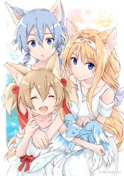 Rule 34 | 3girls, :d, ^ ^, alice zuberg, animal ears, blonde hair, blue hair, cat ears, closed eyes, closed mouth, clothing cutout, collarbone, dress, facing viewer, hair intakes, hair ornament, hair ribbon, hairband, highres, hug, hug from behind, light brown hair, multiple girls, multiple tails, open mouth, pina (sao), red ribbon, ribbon, shi-2, shoulder cutout, sidelocks, silica, silica (sao-alo), sinon (sao-alo), smile, striped, striped ribbon, sundress, sword art online, tail, twintails, twitter username, two tails, white dress, white hairband