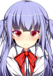 Rule 34 | 1girl, blue hair, bow, bowtie, dress shirt, eyebrows, hair ribbon, jougen, long hair, looking at viewer, original, red bow, red eyes, ribbon, shirt, simple background, solo, upper body, white background, white ribbon, white shirt