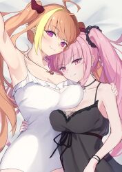 Rule 34 | 2girls, absurdres, arm around shoulder, arm around waist, armpits, bed, blush, breasts, camisole, highres, hololive, hololive english, kiryu coco, large breasts, lying, mori calliope, multiple girls, orange hair, pink eyes, pink hair, smile, sora shitatoge, twintails, virtual youtuber