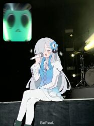 Rule 34 | 1girl, :d, arisu (614anemone), bereal, black footwear, blue dress, blue flower, blue hair, blush, boots, closed eyes, collared shirt, crossed legs, dress, facing viewer, fan screaming at madison beer (meme), feet out of frame, flower, glowstick, hair flower, hair ornament, hair over one eye, hand on lap, hand up, highres, holding, holding glowstick, holding microphone, isekai joucho, juliet sleeves, kamitsubaki studio, long hair, long sleeves, meme, microphone, multicolored hair, music, one eye covered, open mouth, pantyhose, photo background, puffy sleeves, shirt, short dress, sidelocks, singing, sitting, smile, solo, two-tone hair, white hair, white pantyhose, white shirt