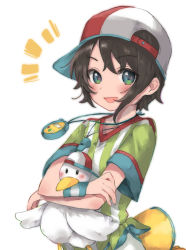 Rule 34 | 1girl, absurdres, animal, backwards hat, baseball cap, bird, blue eyes, brown hair, commentary request, crossed arms, duck, from side, green shirt, hat, highres, holding, holding animal, hololive, kukai, looking at viewer, notice lines, oozora subaru, oozora subaru (1st costume), open mouth, red hat, shirt, short hair, simple background, smile, solo, standing, stopwatch, stopwatch around neck, striped clothes, striped shirt, subaru duck, sweatband, t-shirt, tied shirt, two-tone headwear, upper body, vertical-striped clothes, vertical-striped shirt, virtual youtuber, watch, whistle, whistle around neck, white background, white hat, white shirt, wristband