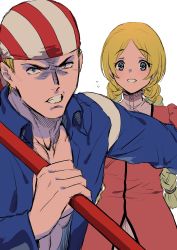 Rule 34 | 1boy, 1girl, absurdres, bandana, beniazumaru, billy kane, blonde hair, blue eyes, braid, brother and sister, dress, fatal fury, highres, holding, holding weapon, jacket, lilly kane, long hair, looking at viewer, muscular, no shirt, open clothes, short hair, siblings, staff, the king of fighters, twin braids, weapon
