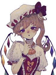Rule 34 | 1girl, :o, ascot, blonde hair, bracelet, crystal, dress, flandre scarlet, frilled sleeves, frills, gem, hat, hat ribbon, high collar, highres, jewelry, medium hair, mob cap, one side up, pearl (gemstone), pearl bracelet, pearl hair ornament, puffy short sleeves, puffy sleeves, red dress, red eyes, ribbon, short sleeves, side ponytail, simple background, slit pupils, sokura (mochichitose), solo, touhou, two-tone dress, white background, white dress, white hat, wings, wrist cuffs, yellow ascot