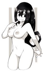 Rule 34 | 10s, 1girl, absurdres, arm at side, asui tsuyu, boku no hero academia, breasts, cleft of venus, closed mouth, collarbone, cowboy shot, cropped legs, facing viewer, female focus, female pubic hair, frog girl, greyscale, groin, hand on own chest, hand up, highres, hip focus, index finger raised, lamb-oic029, large breasts, long hair, looking to the side, low-tied long hair, monochrome, navel, nipples, nude, pubic hair, pussy, solo, standing, stomach, tongue, tongue out, uncensored, wide hips