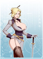 Rule 34 | 1girl, black bra, blue eyes, bra, breasts, brown thighhighs, choker, cleavage, closed mouth, commentary, contrapposto, garter straps, grey jacket, hair bun, hair ornament, hairpin, hand on hilt, highres, holding, holding sword, holding weapon, huge breasts, illiana (summoner war), jacket, jewelry, materclaws, necklace, parted bangs, pelvic curtain, single hair bun, smile, solo, standing, summoner war, sword, thighhighs, underwear, weapon