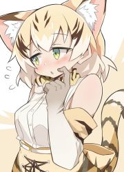 Rule 34 | 1girl, absurdres, animal ear fluff, animal ears, black hair, blonde hair, blush, bow, bowtie, breasts, cat ears, cat tail, chestnut mouth, commentary request, elbow gloves, flying sweatdrops, gloves, green eyes, highres, kemono friends, looking to the side, medium breasts, medium hair, multicolored hair, open mouth, sand cat (kemono friends), shirt, skirt, sleeveless, sleeveless shirt, solo, streaked hair, striped bow, striped bowtie, striped clothes, striped gloves, striped tail, tail, upper body, white shirt, yayuyoyayuyo, yellow skirt