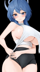 Rule 34 | 1girl, absurdres, ako (blue archive), black skirt, blue archive, blue eyes, blue hair, blue halo, blush, breasts, closed mouth, clothing request, cowboy shot, fluffyebi01, hair between eyes, halo, highres, large breasts, long hair, navel, sideboob, skirt, smile, solo, thigh gap, thighs, underboob