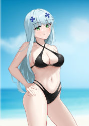 Rule 34 | 1girl, absurdres, alternate costume, bare shoulders, bikini, black bikini, blue hair, blurry, blurry background, breasts, chinese commentary, cleavage, closed mouth, collarbone, feet out of frame, girls&#039; frontline, green eyes, hair ornament, hairclip, hand on own hip, highres, hk416 (girls&#039; frontline), light blue hair, light blush, long hair, looking at viewer, medium breasts, navel, one smoke, smile, solo, standing, stomach, swimsuit, teardrop facial mark, teardrop tattoo, thighs