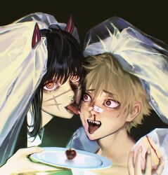 Rule 34 | 1boy, 1girl, black background, black hair, blood, bridal veil, cake, chainsaw man, cherry, colored eyelashes, demon horns, denji (chainsaw man), facial scar, food, fruit, hair between eyes, highres, holding, holding cake, holding food, holding plate, horns, licking, licking another&#039;s face, long hair, looking at viewer, nosebleed, phoneafrog, plate, ringed eyes, scar, scar on cheek, scar on face, sharp teeth, short hair, teeth, tongue, tongue out, veil, yellow eyes, yoru (chainsaw man)