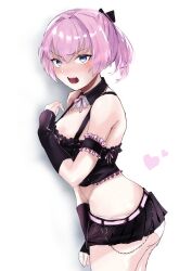 Rule 34 | 1girl, absurdres, alternate costume, arm warmers, ass, black skirt, blue eyes, blush, breasts, commission, crop top, hagioshi, heart, highres, kantai collection, looking at viewer, microskirt, open mouth, panties, pink hair, pixiv commission, pleated skirt, ponytail, ribbon, shiranui (kancolle), simple background, skirt, small breasts, solo, sweat, underwear, white background, white panties