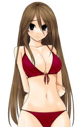 Rule 34 | 1girl, arms behind back, bare shoulders, bikini, black eyes, blush, breasts, brown hair, cleavage, front-tie top, harurunn, large breasts, light smile, long hair, navel, original, red bikini, simple background, skindentation, smile, solo, striped bikini, striped clothes, swimsuit, very long hair