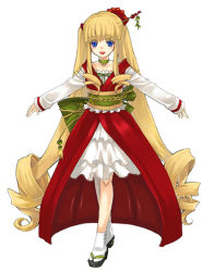 Rule 34 | 00s, 1girl, alternate costume, blonde hair, blue eyes, collarbone, dress, geta, long hair, long sleeves, loo, looking at viewer, outstretched arms, red dress, rozen maiden, sandals, sash, shinku, sidelocks, simple background, socks, solo, standing, tabi, very long hair, white background, white socks, zouri