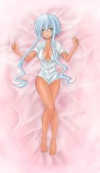Rule 34 | 10s, bed, breasts, cardfight!! vanguard, cleavage, flash shield iseult, jewel knight iseult, looking at viewer, lowres, oversized clothes, oversized shirt, royal paladin, shirt, tan, white hair, yellow eyes