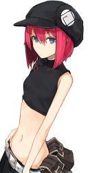 Rule 34 | 1girl, ariaria (netsuki), bare shoulders, belt, blue eyes, borrowed character, breasts, cabbie hat, groin, hand on own hip, hat, looking at viewer, midriff, miruto netsuki, navel, original, pouch, red hair, shirt, short hair, simple background, sleeveless, sleeveless shirt, small breasts, solo, white background