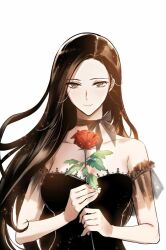 Rule 34 | 1girl, altair justina cayenne, black dress, black ribbon, blush, brown hair, closed mouth, collar, doom breaker, dress, flower, green eyes, hands up, long hair, looking at viewer, ribbon, rose, simple background, smile, solo, very long hair, white background