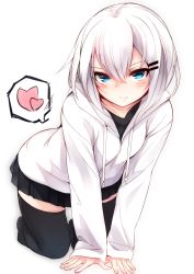 Rule 34 | 1girl, all fours, black legwear, black skirt, blue eyes, closed mouth, full body, hair between eyes, hair ornament, hairclip, highres, hood, hood down, hoodie, long sleeves, looking at viewer, no shoes, original, otokuyou, pout, ringo-chan (otokuyou), short hair, simple background, sitting, skirt, solo, white background, white hair