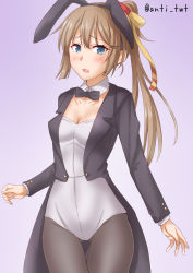Rule 34 | 1girl, alternate costume, animal ears, anti (untea9), black jacket, black pantyhose, blush, bow, bowtie, breasts, brown hair, cleavage, covered navel, cowboy shot, detached collar, embarrassed, fake animal ears, gradient background, grey eyes, hair between eyes, hair ribbon, highres, jacket, kantai collection, kazagumo (kancolle), leotard, long hair, long sleeves, open mouth, pantyhose, pink background, playboy bunny, ponytail, rabbit ears, ribbon, small breasts, solo, strapless, strapless leotard, sweatdrop, tailcoat, twitter username, white leotard, wrist cuffs