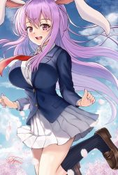 Rule 34 | 1girl, animal ears, blazer, blouse, blue skirt, blush, breasts, buttons, collared shirt, jacket, jumping, large breasts, light purple hair, long hair, nail polish, nature, necktie, open mouth, outdoors, pink nails, pleated skirt, purple hair, rabbit ears, rabbit girl, red eyes, red necktie, reisen udongein inaba, shirt, shoes, skirt, solo, touhou, very long hair, white shirt, yagamin258