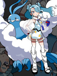 Rule 34 | 1girl, absurdres, altaria, blue gloves, blue hair, blush, commentary request, creatures (company), detached sleeves, double bun, flying miku (project voltage), full body, fur collar, game freak, gen 3 pokemon, gloves, gradient hair, hair bun, hair over one eye, hand on own hip, hand up, hatsune miku, highres, holding, holding poke ball, long hair, loose socks, multicolored hair, nintendo, open mouth, poke ball, poke ball (basic), pokemon, pokemon (creature), project voltage, sandals, see-through, see-through sleeves, single glove, socks, standing, sugarmonaka, twintails, very long hair, vocaloid, white hair, white socks, wind chime