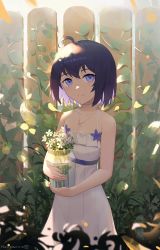 Rule 34 | 1girl, absurdres, blue eyes, blue hair, breasts, cleavage, dress, fence, fled, flower, grass, highres, holding, honkai (series), honkai impact 3rd, looking at viewer, outdoors, seele vollerei, short hair, sleeveless, sleeveless dress, smile, solo, sundress, vase, white dress, white flower
