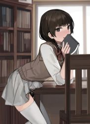 Rule 34 | 1boy, @ @, bar censor, black panties, blush, book, bookshelf, braid, brown eyes, brown hair, brown sweater vest, censored, chair, collared shirt, cowboy shot, crossdressing, dress shirt, embarrassed, erection, from side, grey skirt, highres, holding, holding book, indoors, library, male masturbation, masturbation, medium hair, open mouth, original, panties, penis, pleated skirt, pointless censoring, red ribbon, ribbon, school uniform, shirt, sidelocks, single braid, sketch, skirt, sleeves rolled up, small penis, solo, sunaba (nczd5875), sweat, sweater vest, table, thighhighs, trap, underwear, white shirt, white thighhighs, window, wooden chair, wooden table
