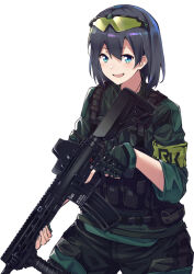 Rule 34 | 1girl, :d, armband, assault rifle, black hair, blue eyes, blush, commentary, eyewear on head, fingerless gloves, fluegel (kaleido scope-710), gloves, green armband, green gloves, green shirt, gun, h&amp;k hk416, heckler &amp; koch, highres, holding, holding gun, holding weapon, load bearing vest, long sleeves, looking at viewer, medium hair, open mouth, original, rifle, shirt, simple background, smile, solo, sunglasses, vest, weapon, white background