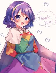 Rule 34 | 1girl, arms behind back, blue eyes, blue hair, cape, english text, hairband, heart, highres, long sleeves, looking at viewer, moshihimechan, multicolored clothes, multicolored hairband, one-hour drawing challenge, open mouth, short hair, simple background, solo, speech bubble, tenkyuu chimata, touhou, white background, white cape