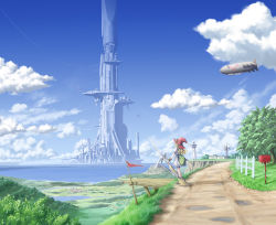 Rule 34 | 1girl, aircraft, backpack, bag, blonde hair, broom, cloud, contrail, day, dirigible, eichikei (hakuto), fence, flag, flying, hat, long hair, mailbox, megastructure, original, puddle, river, scenery, science fiction, sky, solo, tower, tree, water, windmill, witch hat