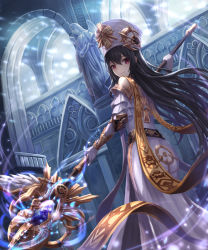 Rule 34 | 1girl, angel statue, arch, architecture, arm up, backlighting, bad id, bad pixiv id, bare shoulders, belt, black belt, black hair, chain, closed mouth, cloud, cloudy sky, crescent, cross, crystal, detached sleeves, dress, elbow gloves, elbow pads, feathers, floating hair, from behind, gloves, glowing, glowing weapon, hair between eyes, hallway, hat, highres, holding, holding staff, holding weapon, indoors, latin cross, layered sleeves, light particles, long dress, long hair, looking at viewer, looking back, lunacle, mitre, original, pillar, priest, priestess, red eyes, side slit, sky, smile, solo, staff, standing, statue, stole, swinging, very long hair, weapon, white dress, white feathers, white gloves, white hat, wind, wrist guards