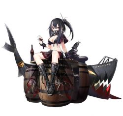 Rule 34 | 1girl, alcohol, animal, azur lane, barrel, bird, black footwear, black gloves, black hair, black hat, black shirt, boots, bottle, breasts, cleavage, covered mouth, crop top, crow, cup, fingerless gloves, gloves, hair between eyes, hand up, hat, high collar, highres, holding, holding cup, knee boots, large breasts, long hair, looking at viewer, midriff, multicolored hair, navel, official alternate costume, official art, ootsuki momiji, peaked cap, red eyes, red skirt, shirt, short sleeves, sitting, skirt, solo, stomach, streaked hair, transparent background, u-47 (azur lane), u-47 (eigenen raum) (azur lane), wine, wine bottle