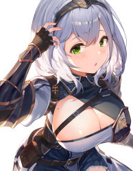 Rule 34 | 1girl, :o, absurdres, arm guards, armor, belt, black thighhighs, blush, breasts, cleavage, cleavage cutout, clothing cutout, collar, eyebrows, eyelashes, fingerless gloves, frilled skirt, frills, gloves, green eyes, grey hair, hair ornament, hana mori, headband, highres, hololive, knight, large breasts, long sleeves, mole, mole on breast, open mouth, shirogane noel, shirogane noel (1st costume), short hair, simple background, skirt, solo, thighhighs, thighs, virtual youtuber, white background