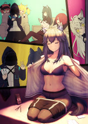 Rule 34 | + +, 1other, 5girls, :3, absurdres, ace (playing card), ace of clubs, ace of hearts, ace of spades, ahoge, animal ear fluff, animal ears, arknights, armchair, bare shoulders, black bra, black hair, black jacket, black legwear, black shorts, blonde hair, bra, breasts, card, chair, chinese commentary, closed eyes, clothes pull, club (shape), collarbone, commentary request, couch, croissant (arknights), doctor (arknights), ear piercing, exusiai (arknights), food, green eyes, hair between eyes, hair ornament, hairclip, halo, heart, highres, holding, holding card, hood, hooded jacket, horns, jacket, lappland (arknights), long hair, medium breasts, multiple girls, multiple views, navel, on couch, open clothes, open jacket, open mouth, open shirt, orange hair, panties, panties under pantyhose, pantyhose, penguin logistics (arknights), piercing, playing card, pocky, red eyes, red hair, revision, seiza, shaded face, shorts, shorts pull, silver hair, simple background, sitting, sora (arknights), spade (shape), stomach, strap slip, strip game, strip poker, tail, texas (arknights), underwear, undressing, v, white jacket, wolf ears, wolf tail, yunkaiming