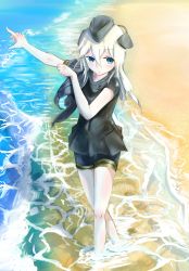 Rule 34 | 10s, 1girl, :o, absurdres, bad id, bad pixiv id, barefoot, beach, blue eyes, collarbone, commentary, covered navel, cropped jacket, dressing, from above, garrison cap, hat, highres, kantai collection, long hair, outdoors, outstretched arm, partially submerged, serious, shinden, solo, swimsuit, u-511 (kancolle), wading, walking, water, white hair