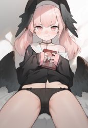 Rule 34 | 1girl, beret, black hat, black panties, black shirt, black wings, blue archive, blush, book, closed mouth, commentary request, cowboy shot, feathered wings, hagi (ame hagi), hands up, hat, head wings, highres, holding, holding book, koharu (blue archive), long hair, long sleeves, looking at viewer, low wings, matching hair/eyes, no pants, nose blush, off shoulder, panties, pink eyes, pink hair, sailor collar, shirt, sitting, sleeves past wrists, smile, solo, sweatdrop, twintails, underwear, white sailor collar, wings