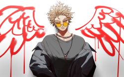 Rule 34 | 1boy, blonde hair, blush, boku no hero academia, facing viewer, feathered wings, glasses, annoyed, hawks (boku no hero academia), highres, jacket, long sleeves, male focus, open mouth, painting (action), red wings, short hair, solo, upper body, wings