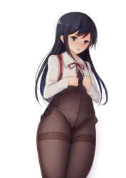 Rule 34 | 10s, 1girl, :d, asashio (kancolle), black hair, blue eyes, blush, bow, bow panties, brown pantyhose, clothes pull, collared shirt, cowboy shot, crotch seam, eyelashes, kantai collection, legs together, long hair, long sleeves, looking down, magicxiang, neck ribbon, open mouth, panties, pantyhose, pantyhose pull, red bow, red ribbon, ribbon, shirt, smile, solo, standing, thighband pantyhose, underwear, very long hair, white background, white panties, wing collar