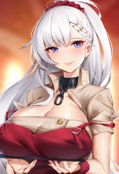 Rule 34 | 1girl, absurdres, azur lane, belfast (azur lane), belfast (piping-hot perfection) (azur lane), black collar, blurry, blurry background, blush, braid, breast rest, breasts, breasts on tray, broken, broken chain, carried breast rest, carrying, chain, cleavage, cleavage cutout, closed mouth, clothing cutout, collar, commentary request, dress, earrings, french braid, gradient background, hair ornament, hair scrunchie, hairclip, highres, huge breasts, jewelry, long hair, looking at viewer, nail polish, purple eyes, red dress, red nails, red scrunchie, revision, scrunchie, short sleeves, smile, solo, strap slip, upper body, white hair, wu ganlan cai