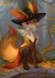 Rule 34 | 1girl, 2d10art, animal ear fluff, animal ears, animal hands, animal nose, artist name, barefoot, black fur, black hat, body fur, braixen, clenched hand, closed mouth, clothed pokemon, creatures (company), day, ears through headwear, female focus, flat chest, fox ears, fox girl, fox tail, full body, furry, furry female, game freak, gen 6 pokemon, grass, hands up, hat, head rest, highres, kneeling, loincloth, looking at viewer, mouth hold, nintendo, on one knee, outdoors, pokemon, pokemon (creature), red eyes, signature, snout, solo, stick, tail, topless, tree, well, white fur, yellow fur