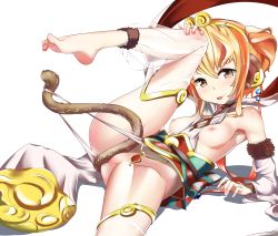 Rule 34 | 10s, 1girl, :p, andira (granblue fantasy), animal ears, arm support, bad id, bad pixiv id, barefoot, between breasts, blonde hair, breasts, detached sleeves, feet, gero-gh, granblue fantasy, hairband, leg up, looking at viewer, lying, medium breasts, monkey ears, monkey tail, nipples, on back, pussy, red eyes, short hair, solo, tail, tail censor, thighhighs, thighs, tongue, tongue out