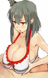 Rule 34 | &gt;:o, 10s, 1boy, 1girl, :o, annoyed, black hair, breasts squeezed together, breasts, cleavage, hetero, kantai collection, large breasts, long hair, open mouth, paizuri, paizuri under clothes, pen (pen3), red eyes, simple background, v-shaped eyebrows, white background, yamashiro (kancolle)