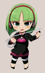 Rule 34 | 1girl, artist request, cropped jacket, green eyes, green hair, headphones, leggings, phonon (under night in-birth), short hair, skirt, solo, striped, striped leggings, under night in-birth, under night in-birth exe:late[st], weapon, whip