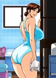 Rule 34 | 00s, 1girl, ass, back, backless swimsuit, breasts, brown eyes, brown hair, cirima, curvy, female focus, from behind, hair bun, hikaru no go, huge ass, indoors, large breasts, looking back, mature female, nipples, one-piece swimsuit, shindou mitsuko, single hair bun, smile, solo, swimsuit, volvox