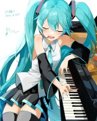 Rule 34 | 1girl, anniversary, aqua hair, aqua necktie, bare shoulders, black skirt, black sleeves, black thighhighs, closed eyes, commentary, cowboy shot, dated, detached sleeves, eighth note, facing viewer, hair ornament, hatsune miku, headphones, headset, instrument, leaning to the side, long hair, miniskirt, music, musical note, necktie, open mouth, piano, pleated skirt, shirt, shoulder tattoo, singing, sitting, skirt, sleeveless, sleeveless shirt, solo, tattoo, thighhighs, twintails, very long hair, vocaloid, white background, white shirt, zarameru jisosaku, zettai ryouiki