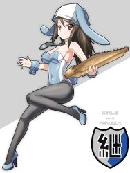 Rule 34 | 10s, 1girl, adapted costume, animal ears, animal hat, bare shoulders, black pantyhose, blue footwear, bow, bowtie, breasts, brown eyes, brown hair, cleavage, copyright name, covered erect nipples, detached collar, emblem, fake animal ears, full body, girls und panzer, grey background, hair between eyes, hat, high heels, highres, instrument, iwahana, kantele, keizoku (emblem), leotard, long hair, matching hair/eyes, mika (girls und panzer), pantyhose, playboy bunny, rabbit ears, rabbit hat, rabbit tail, shoes, smile, solo, standing, tail, white background