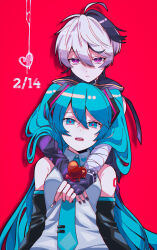 Rule 34 | ahoge, androgynous, aqua eyes, aqua hair, aqua necktie, arm tattoo, arm warmers, bandaged arm, bandages, bare shoulders, black gloves, black sleeves, candy, closed mouth, dated, detached sleeves, flower (vocaloid), flower (vocaloid4), food, gloves, grey shirt, hair between eyes, hatsune miku, heart, highres, holding, holding candy, holding food, holding lollipop, kazuse616, lollipop, looking at viewer, multicolored hair, necktie, number tattoo, open mouth, purple arm warmers, purple eyes, purple hair, purple nails, red background, shirt, simple background, single arm warmer, streaked hair, tattoo, teeth, tomboy, twintails, upper teeth only, vocaloid, white hair, yuri
