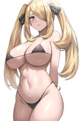 Rule 34 | 1girl, absurdres, alternate hairstyle, arms behind back, blonde hair, breasts, cleavage, creatures (company), cynthia (pokemon), game freak, hair over one eye, highres, jasony, large breasts, long hair, navel, nintendo, pokemon, pokemon dppt, shiny skin, smile, swimsuit, twintails, white background
