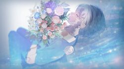 Rule 34 | 1boy, absurdres, baby&#039;s-breath, bishounen, blue flower, blue pants, blue shirt, blue theme, blurry, bouquet, closed eyes, closed mouth, depth of field, eyelashes, flower, grey hair, highres, light particles, lily (flower), lying, male focus, mouse (animal), on back, original, pants, pink flower, pink rose, profile, purple flower, rose, sabaumako, shirt, short hair, sleeping animal, solo
