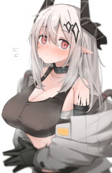 Rule 34 | 1girl, arknights, armor, bare shoulders, black gloves, blurry, blush, breasts, cleavage, collarbone, commentary, covered erect nipples, crop top, depth of field, ear piercing, elite ii (arknights), english commentary, flying sweatdrops, gloves, highres, horns, infection monitor (arknights), large breasts, long hair, looking at viewer, material growth, mudrock (arknights), mudrock (elite ii) (arknights), open clothes, oripathy lesion (arknights), piercing, pointy ears, red eyes, sarashi, simple background, solo, sweat, tank top, upper body, white background, white hair, yuukun mk-ii